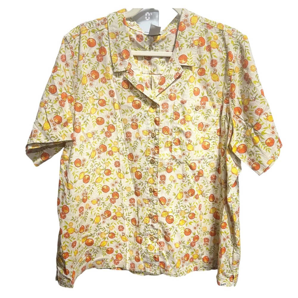 Duluth Trading Artisan Hemp Camp Shirt Sz XXL Organic Cotton Citrus Fruit Print